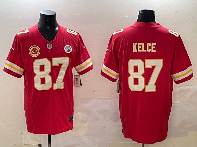Men Kansas City Chiefs 87 Kelce Red Three generations 2025 Nike Vapor Limited NFL Jersey style 3